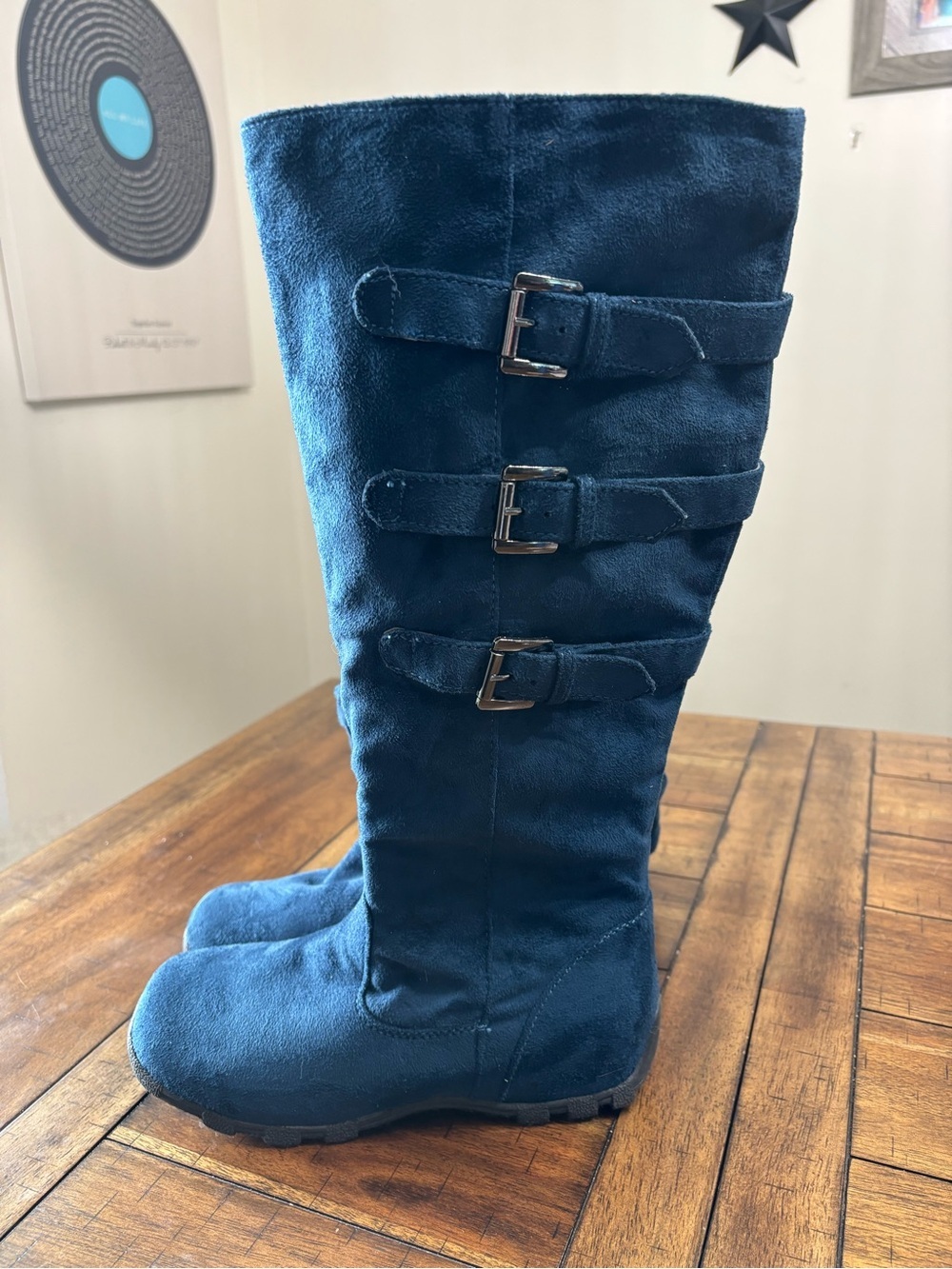 Wanted Blue Suede Under-the-Knee Buckle Boots